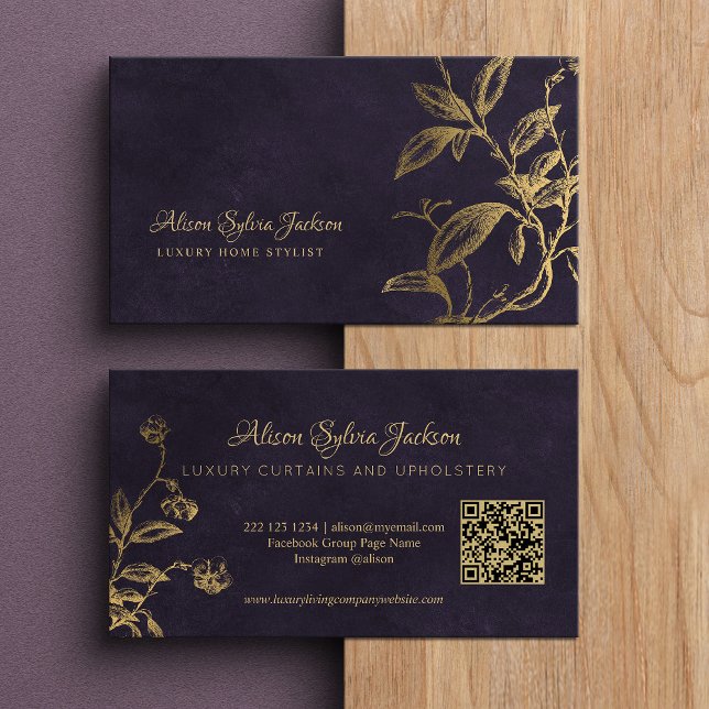Carte De Visite QR Luxury purple elegant faux gold foil foliage (Créateur téléchargé)