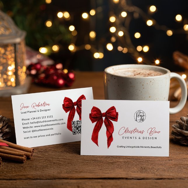 Carte De Visite QR Red Coquette Bow Elegant Events Design  (QR Red Coquette Bow Elegant Events Design Business Card)