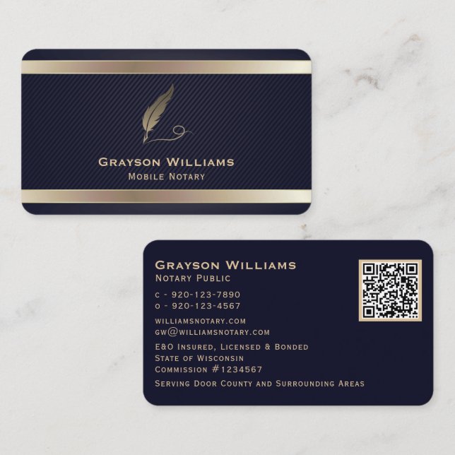 Carte De Visite Quill Noir Mobile QR Code Gold Marine (Devant / Derrière)