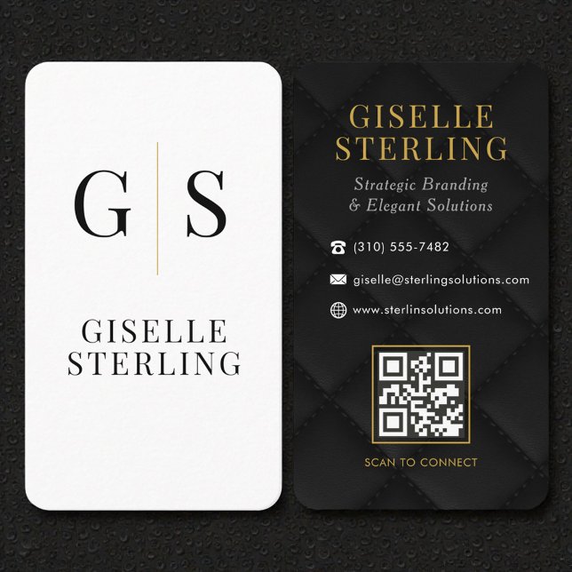 Carte De Visite Quilted Luxury Black White Gold Monogram QR Code (Créateur téléchargé)