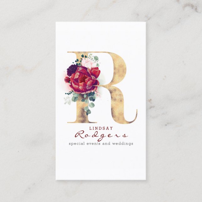Carte De Visite R Monogramme Bourgogne Fleurs rouges et Parties sc (Devant)