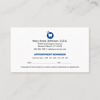 Carte De Visite Rappel de nomination d'un dentiste | Bureau dentai