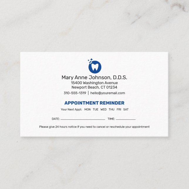 Carte De Visite Rappel de nomination d'un dentiste | Bureau dentai (Devant)