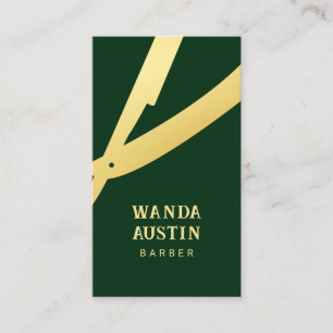 Carte De Visite Rasoir de barbier moderne vert foncé or Code Qr