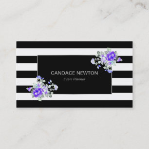 Carte De Visite Rayure noire et blanche avec des roses d'argent et