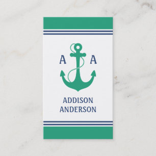 Carte De Visite Rayures nautiques avec le monogramme vert d'Ancre