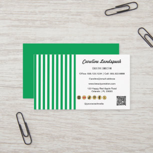 Carte De Visite Rayures Vertes & Code QR & Icône des Réseaux Socia