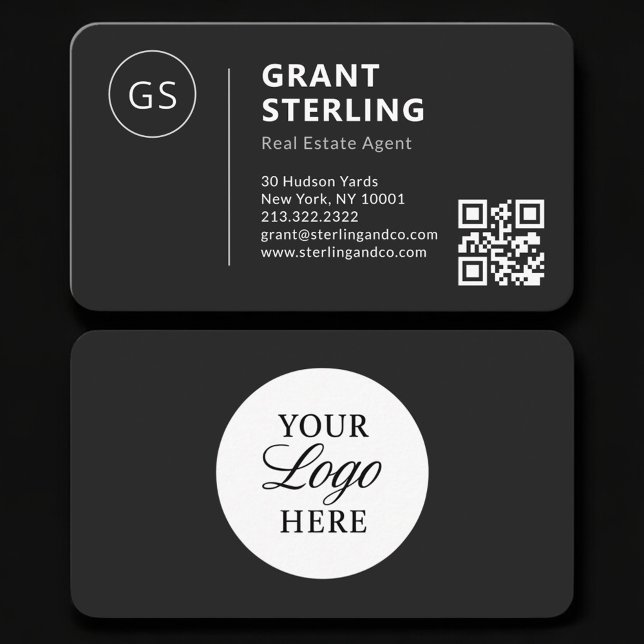 Carte De Visite Real Estate Agent Black Logo QR Code Professional (Créateur téléchargé)