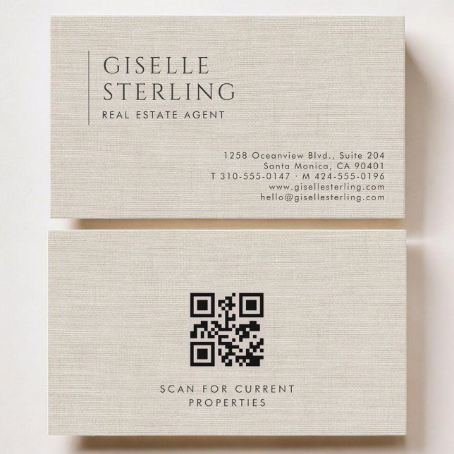 Carte De Visite Real Estate Agent Luxury Neutral Linen QR Code (Créateur téléchargé)