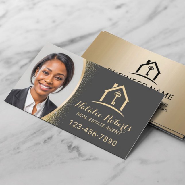 Carte De Visite Real Estate Agent Modern Gold Realtor Custom Photo (Créateur téléchargé)