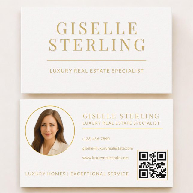Carte De Visite Real Estate Agent Neutral Gold QR Code Photo  (Créateur téléchargé)