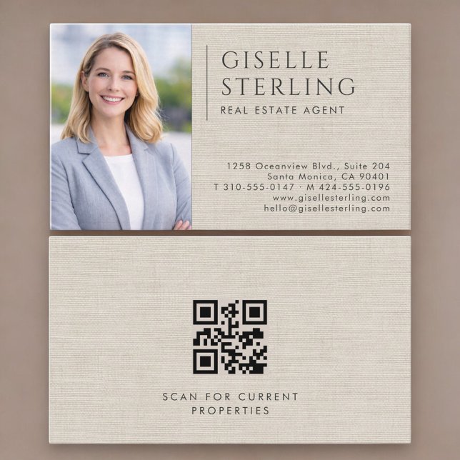 Carte De Visite Real Estate Agent Neutral Linen Photo QR Code (Créateur téléchargé)