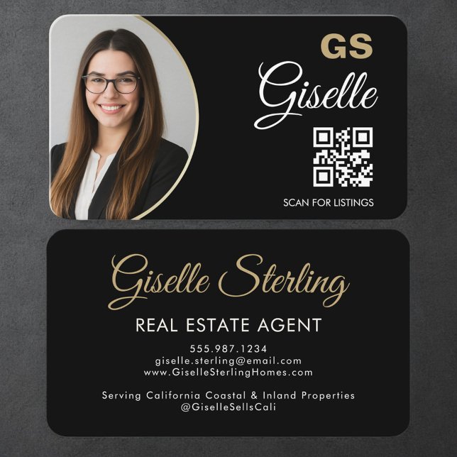 Carte De Visite Real Estate Agent QR Code Black Gold Photo  (Créateur téléchargé)