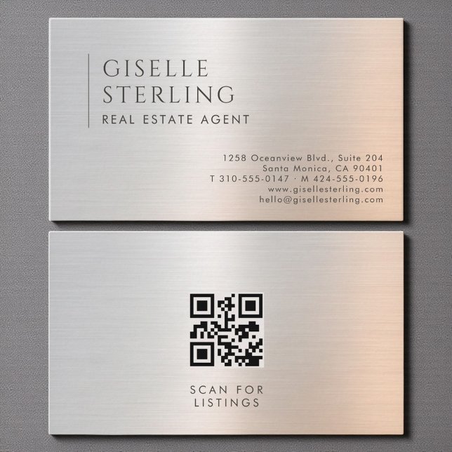 Carte De Visite Real Estate Agent QR Code Brushed Metal (Créateur téléchargé)
