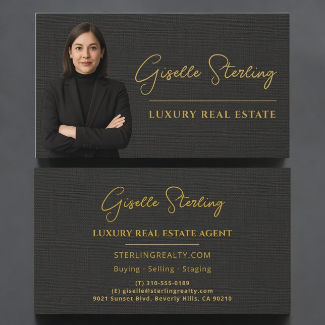 Carte De Visite Real Estate Black Linen Luxury Professional (Créateur téléchargé)