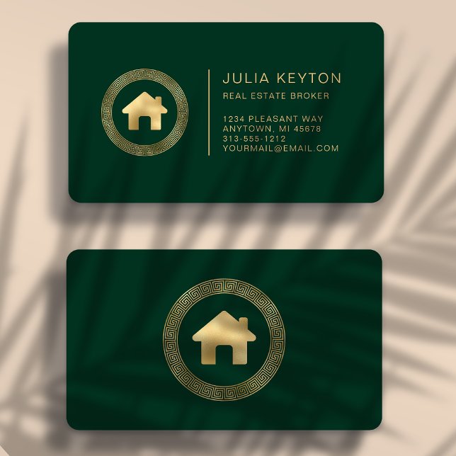 Carte De Visite Real Estate House Logo Green Gold Rounded (Créateur téléchargé)