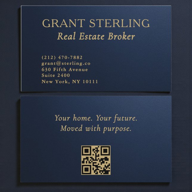 Carte De Visite Real Estate Navy Blue Gold Metallic QR Code  (Créateur téléchargé)