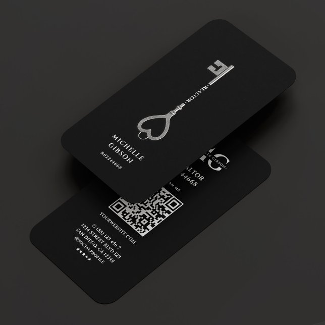Carte De Visite Réaliseur immobilier Élégante Clé d'argent noir (Real Estate Realtor Elegant Black Silver Key Business Card
)