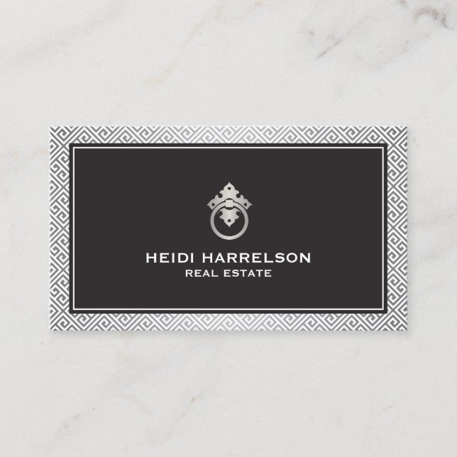 Carte De Visite Réaltor de flamme moderne, Immobilier Argent/Noir (Devant)