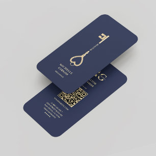 Carte De Visite Realtor Gold Key Monogramme Blue Immobilier Modern