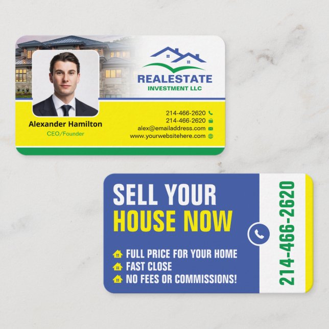 Carte De Visite Realtor, investisseur immobilier, avec une photo (Devant / Derrière)
