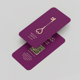 Carte De Visite Realtor Luxe Purple Gold Key Monogramme Moderne