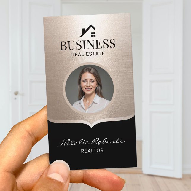 Carte De Visite Realtor Modern Black Gold Real Estate Agent Photo (Créateur téléchargé)