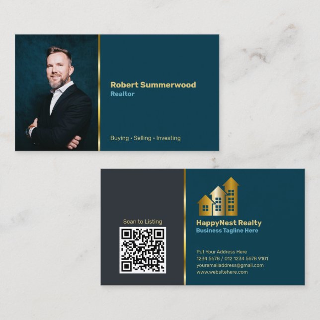 Carte De Visite Realtor Photo personnelle, Code QR, Logo Marine Bl (Devant / Derrière)