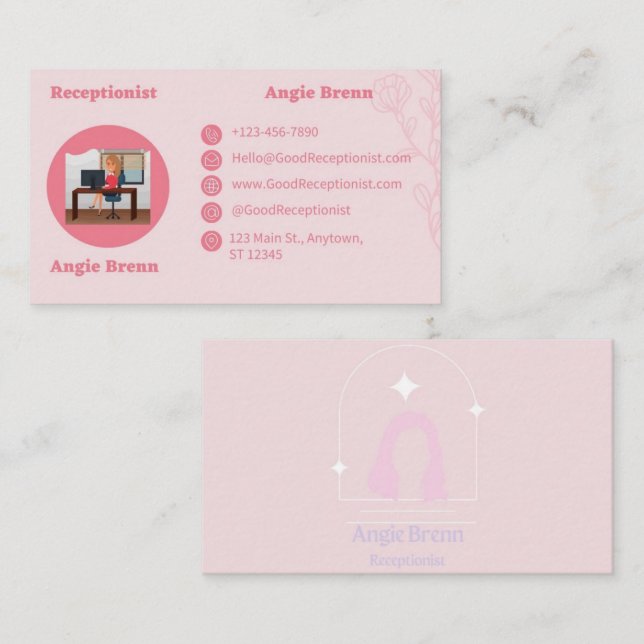 Carte de visite réceptionniste rose double face (Devant / Derrière)