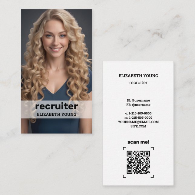 Carte De Visite Recrutement photo personnalisée et QR (Devant / Derrière)