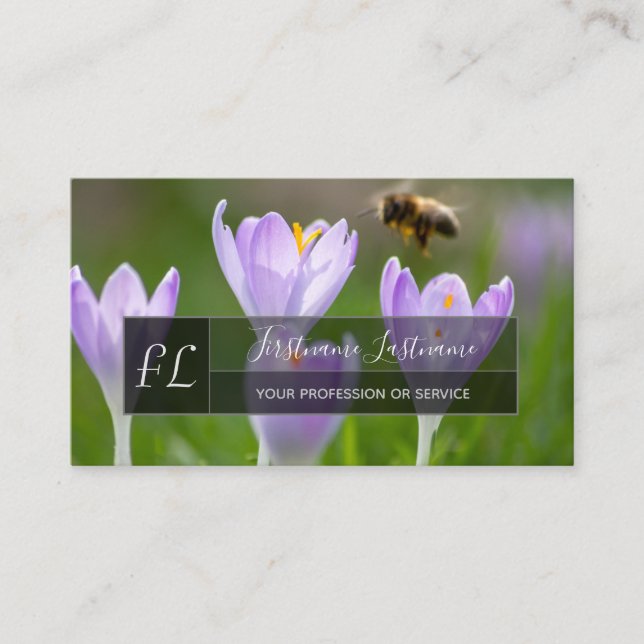 Carte De Visite Rectangle gris de fleurs d'abeilles roses monogram (Devant)