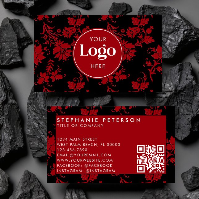 Carte De Visite Red & Black Damask Custom Logo QR Code Template (Créateur téléchargé)