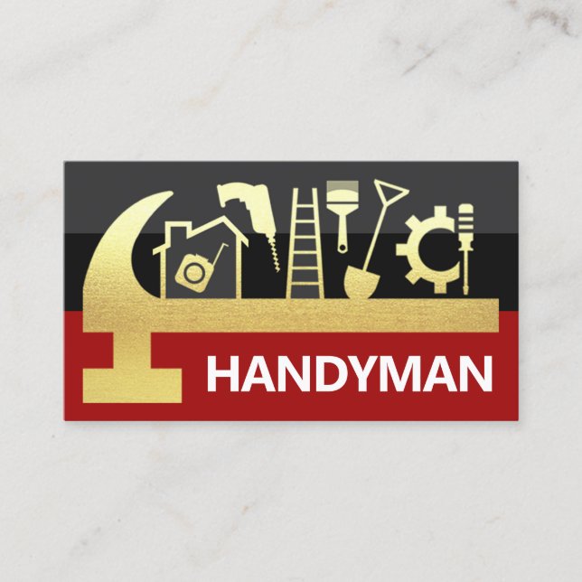 Carte De Visite Red Black Layers Gold Hammer Handyman Tools (Devant)