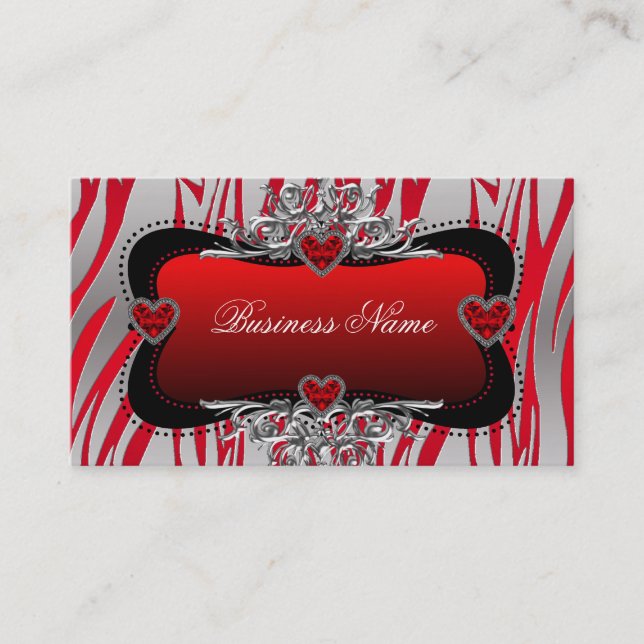 Carte De Visite Red Black Silver Diamond Hearts Zebra Business (Devant)