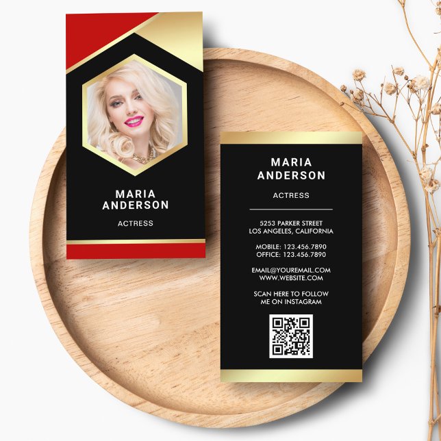 Carte De Visite Red Gold Foil Modèle Actrice QR Code Photo (Créateur téléchargé)