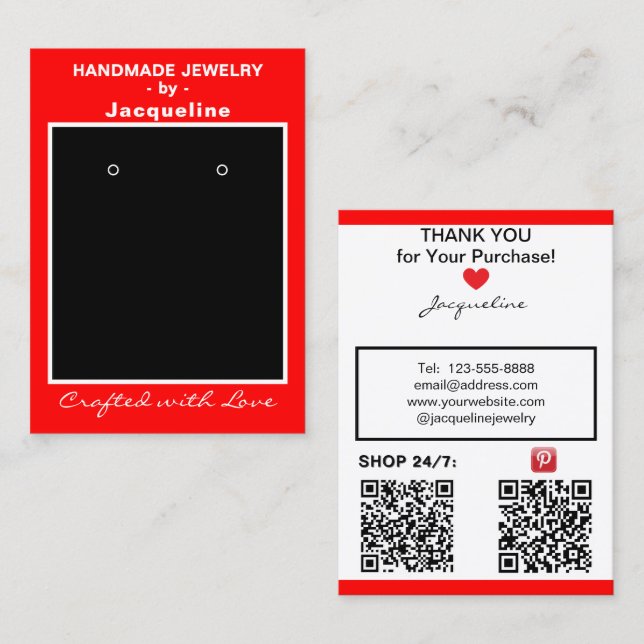 Carte De Visite Red Handmade Jewelry Earrings Display QR Codes (Devant / Derrière)
