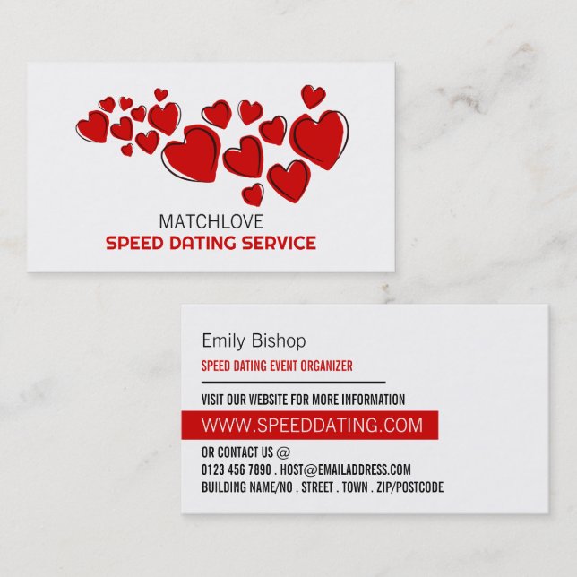 Carte De Visite Red Hearts, Speed Dating Event Organisateur (Devant / Derrière)