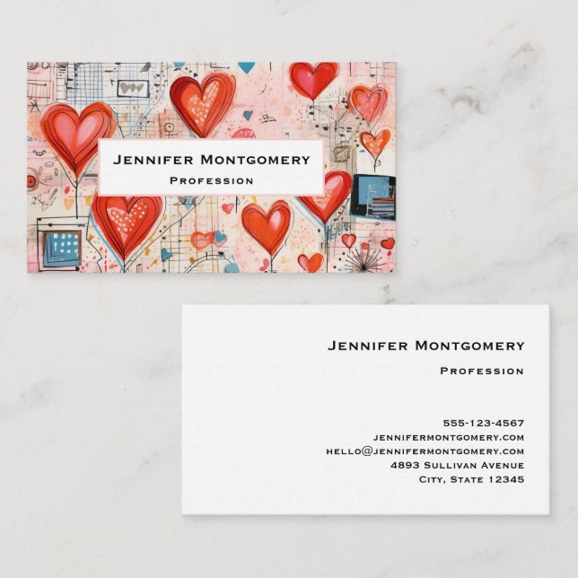 Carte De Visite Red Hearts Whimsical Love Motif (Devant / Derrière)