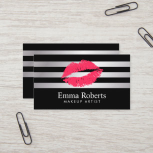 Carte De Visite Red Lips Moderne Argent Stripes Artiste maquillage
