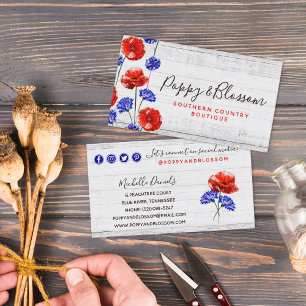 Carte De Visite Red Poppy & Cornflower Rustic Wood Réseau social