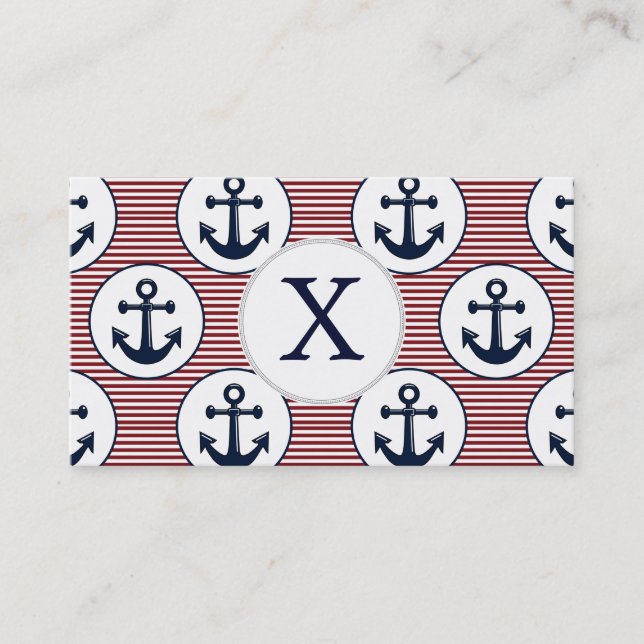 Carte De Visite Red Stripes Ancre bleue marine Motif nautique (Devant)