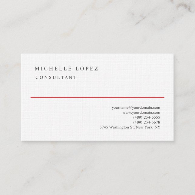 Carte De Visite Red White Elegant Plain Professional Linen (Devant)