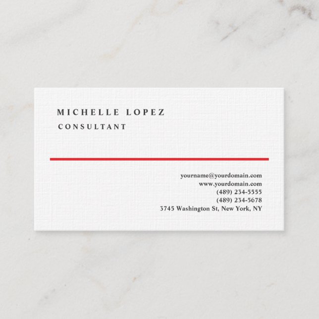 Carte De Visite Red White Elegant Plain Professional Linen (Devant)