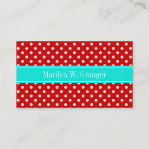 Carte De Visite Red White Polka Dots Bright Aqua Nom Monogram