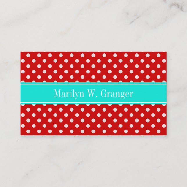 Carte De Visite Red White Polka Dots Bright Aqua Nom Monogram (Devant)