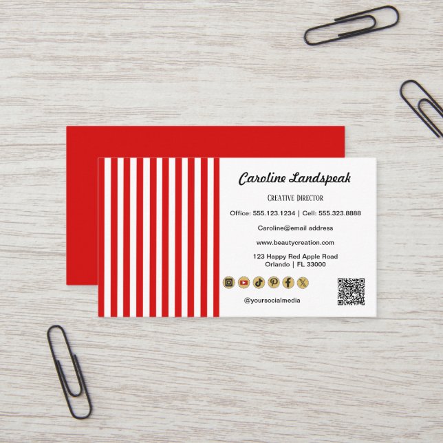 Carte De Visite Red White Stripes & QR Code & Social Media Icons (Devant/Arrière en situation)