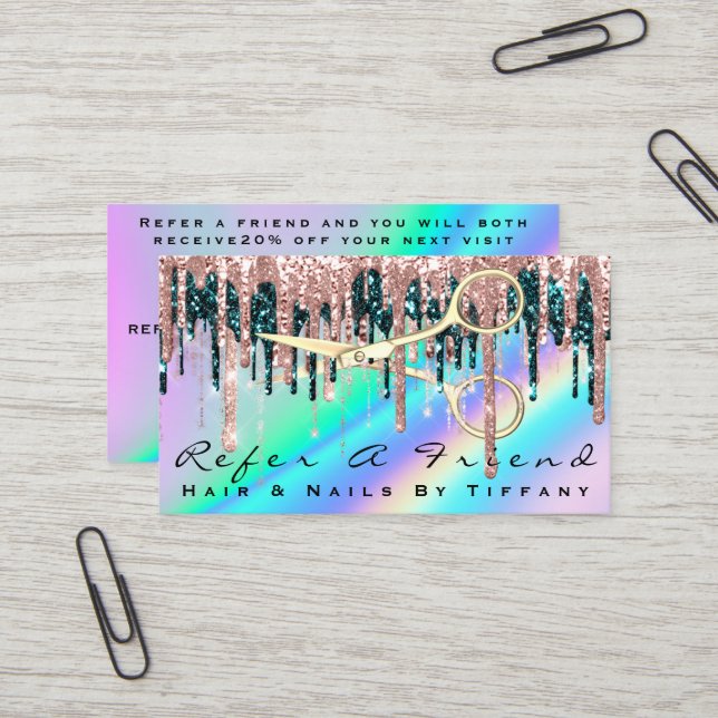 Carte De Visite Référez Un Ami Holographe Rose Ciseaux Coiffeur (Devant/Arrière en situation)