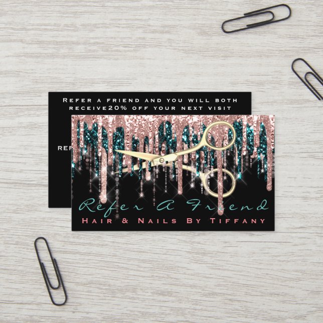 Carte De Visite Référez Un Ami Rose Ciseaux Coiffeur Noir (Devant/Arrière en situation)