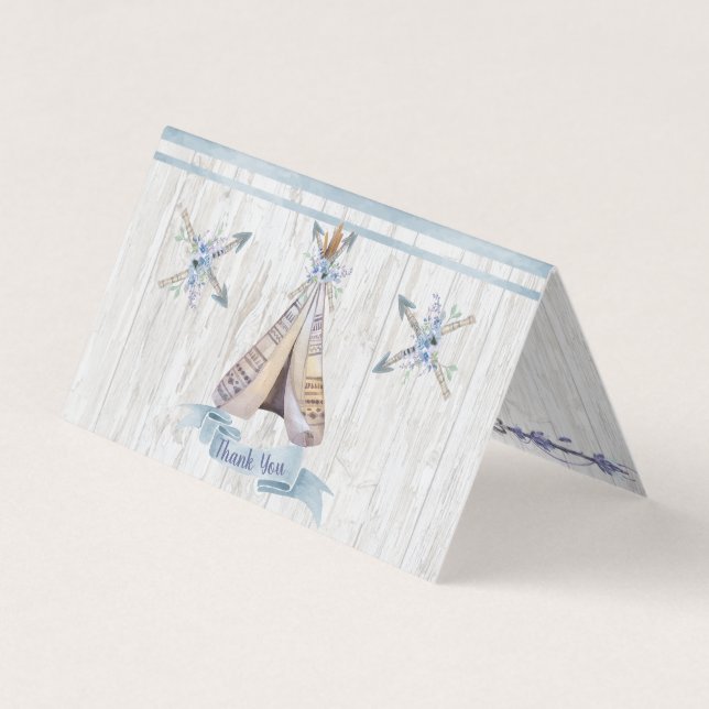 Carte De Visite Remerciements | Bébé Bleu Douche Boho Chic Teepee (Devant)