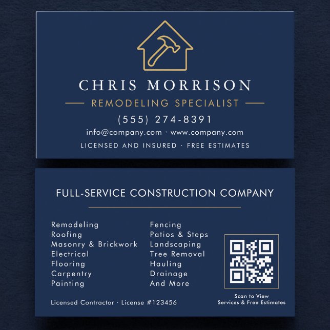 Carte De Visite Remodeling Specialist QR Code Navy Blue Gold  (Créateur téléchargé)